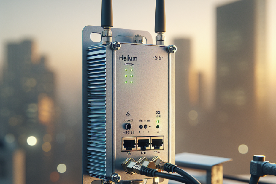 CONELCOM Hotspot Helium-compatible LoRa gateway on rooftop with city skyline