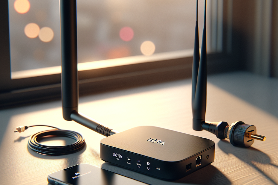 Compact Helium-compatible LoRa gateway, external antenna, smartphone setup near window cityscape